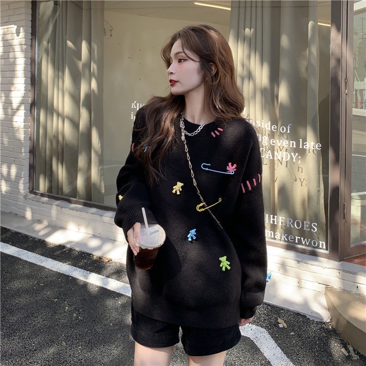 Áo Sweater Dáng Rộng Họa Tiết Gấu Xinh Xắn Dành Cho Nữ  tao bao