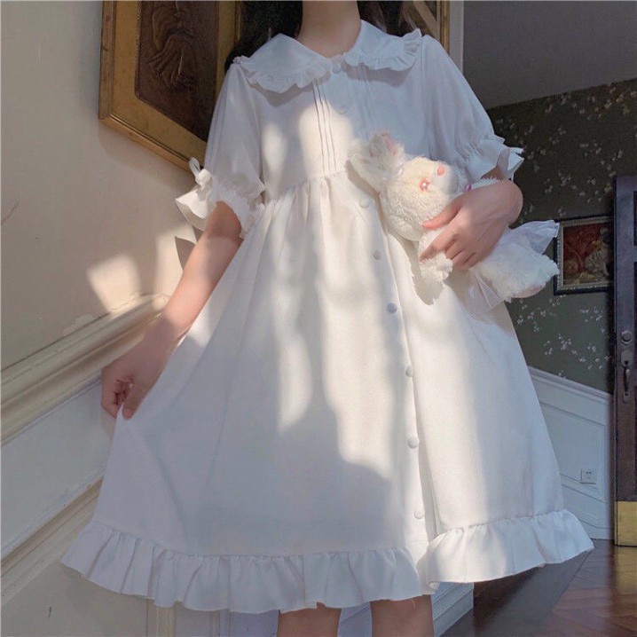 Váy babydoll xòe tiểu thư cổ sen bánh bèo phối cúc phong cách ulzzang/ Váy babydoll nữ tay bồng dáng dài vintage