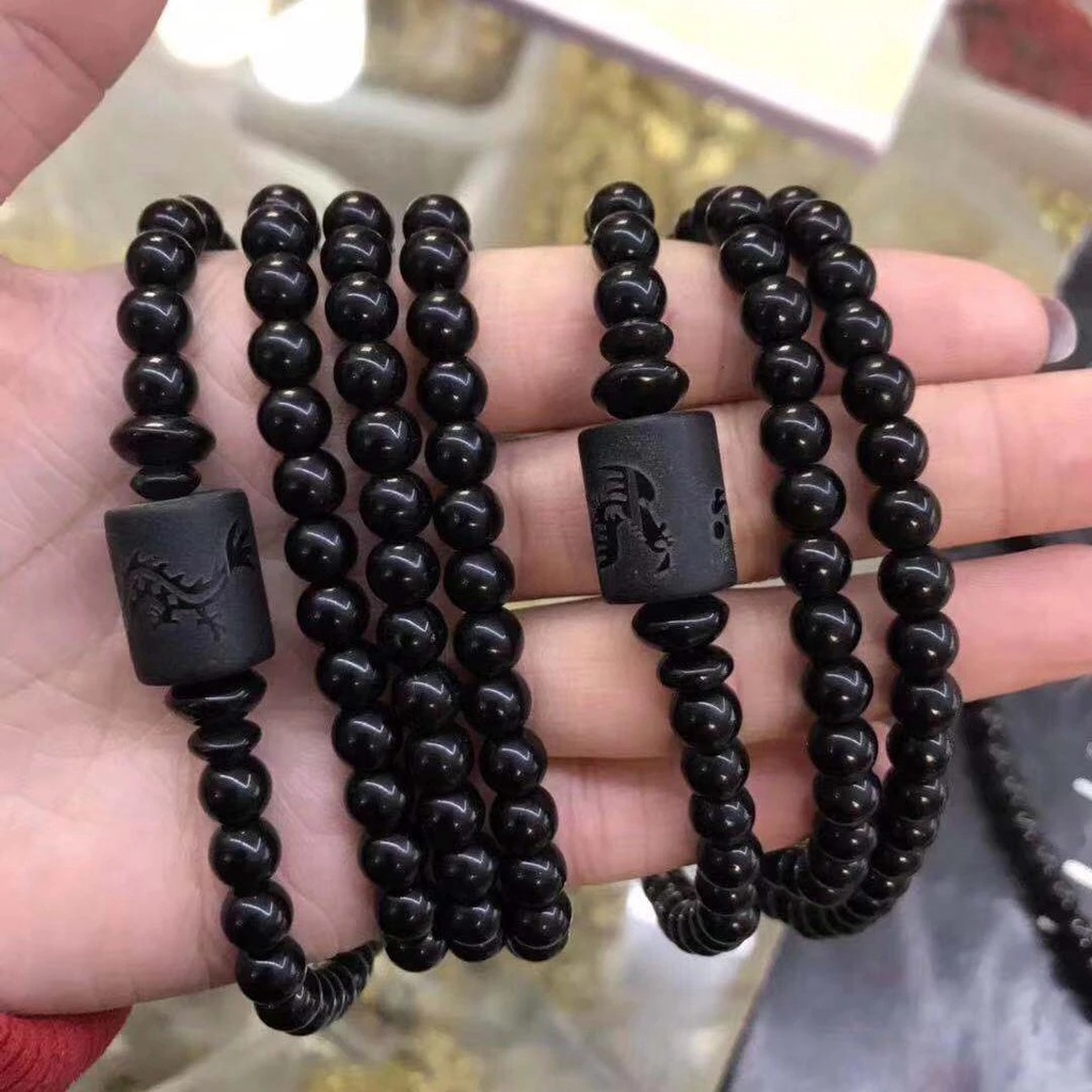 Vòng tay chuỗi hạt đá Obsidian màu đen phong cách dân tộc cho nam và nữ