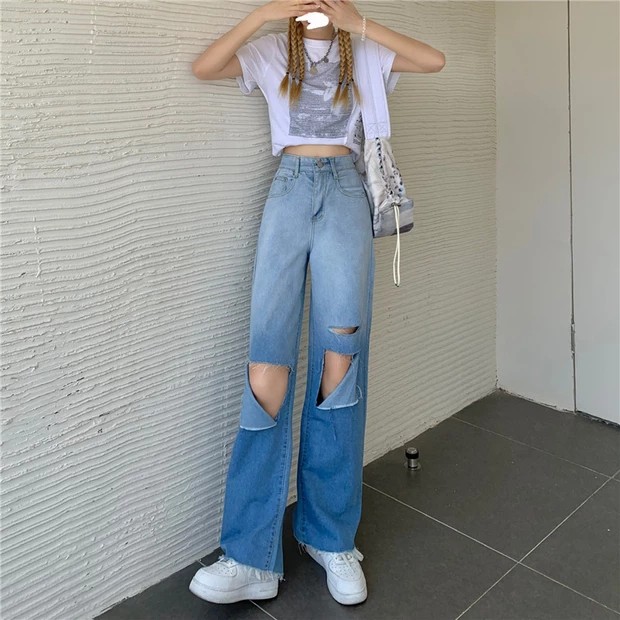 6:30PM Order Mã 008 Quần jeans xanh màu omber pastel độc lạ ống suông ống rộng rách đùi lưng cao ulzzang hot trend