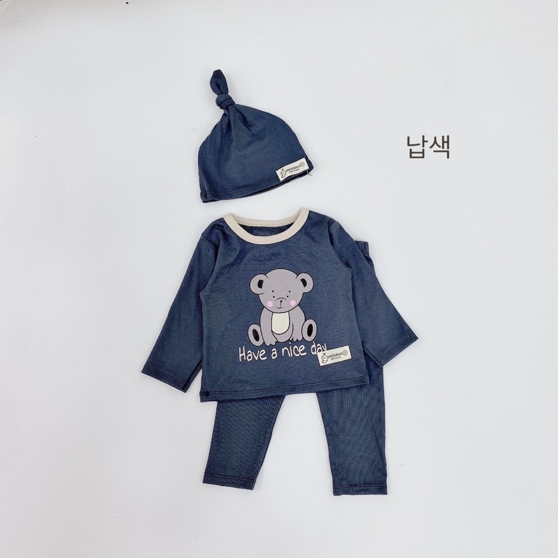 Bộ gấu kèm mũ chất cotton Hàn cao cấp co giãn 4 chiều