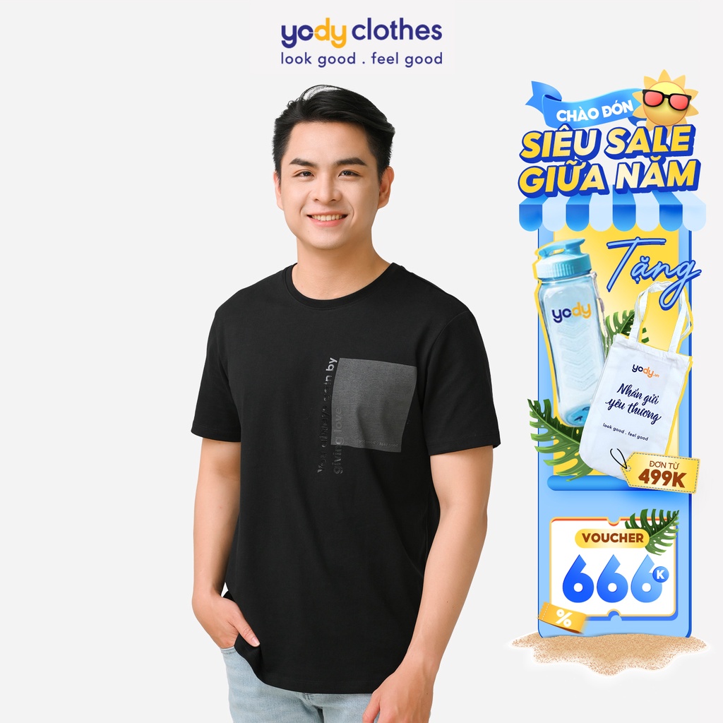 Áo thun nam YODY cô tròn in gia túi 100% cotton mát mẻ TSM5053