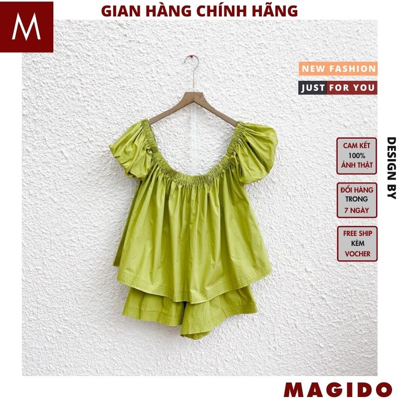 Set áo Trễ Vai Nữ Tay Bồng Kèm quần short chất thô mềm- áo babydoll nữ quần sooc ống rộng tiểu thư bánh bèo -MAGIDO