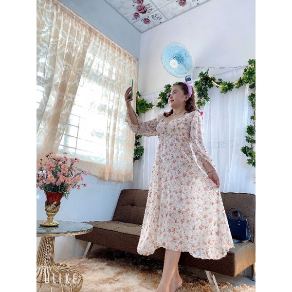 Đầm maxi tay dài hoa hồng đỏ, val hàn quốc