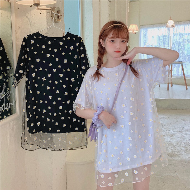 Summer Women Short Sleeve O-Neck Printed Mesh Tee Tops T Shirt Loose Daisy Tops | BigBuy360 - bigbuy360.vn