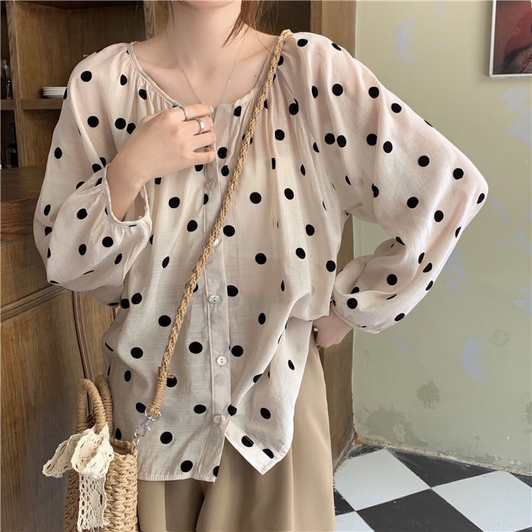 Set Áo Sơ Mi Tay Dài Dáng Rộng Họa Tiết Chấm Bi Phối Chân Váy Lưng Cao Phong Cách Retro Phương Tây