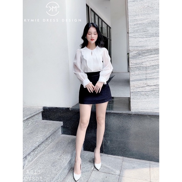 áo tơ óng cổ bèo đính cúc ngọc