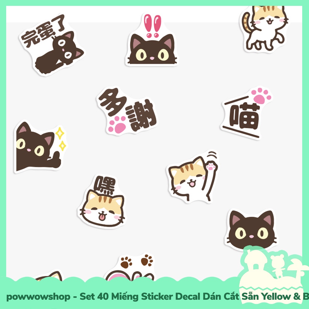 [Sẵn VN - Hỏa Tốc] Set 40 Miếng Sticker Decal Cắt Sẵn DIY Dán Trang Trí Vật Dụng Mẫu Yellow &amp; Black Cat Playround