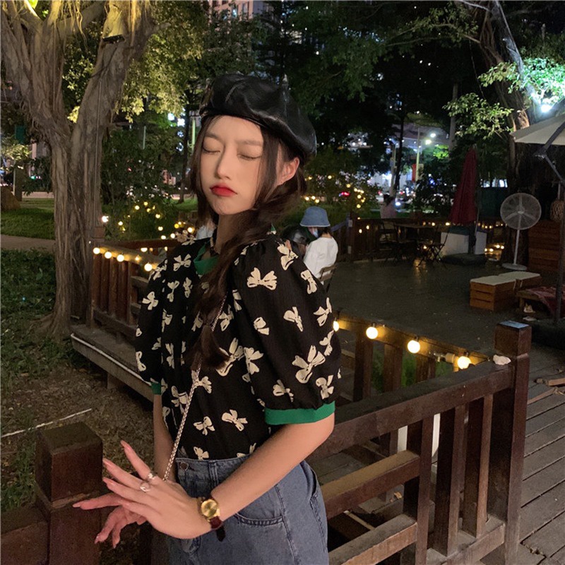 Áo thun ZHELIHANGFEI tay phồng ngắn dáng rộng in hình nơ thời trang hè mới 2022 cho nữ