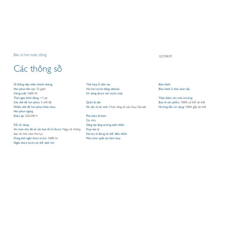 Bàn ủi hơi nước đứng Philips GC518 /29 - Hàng chính hãng - Bảo hành 24 tháng