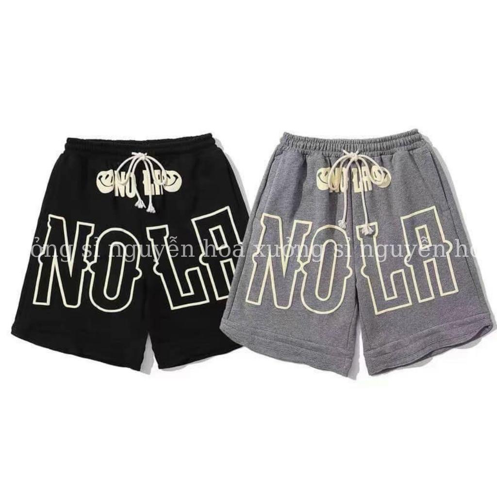 Quần lửng đùi in chữ NoLa form dáng rộng unisex nam nữ mặc được 2 màu đen xám basic xưởng sỉ nguyễn hoa