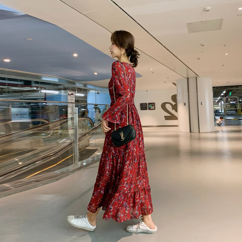 Đầm Hoạ Tiết Hoa Tay Dài Thời Trang Đáng Yêu Cho Nữ