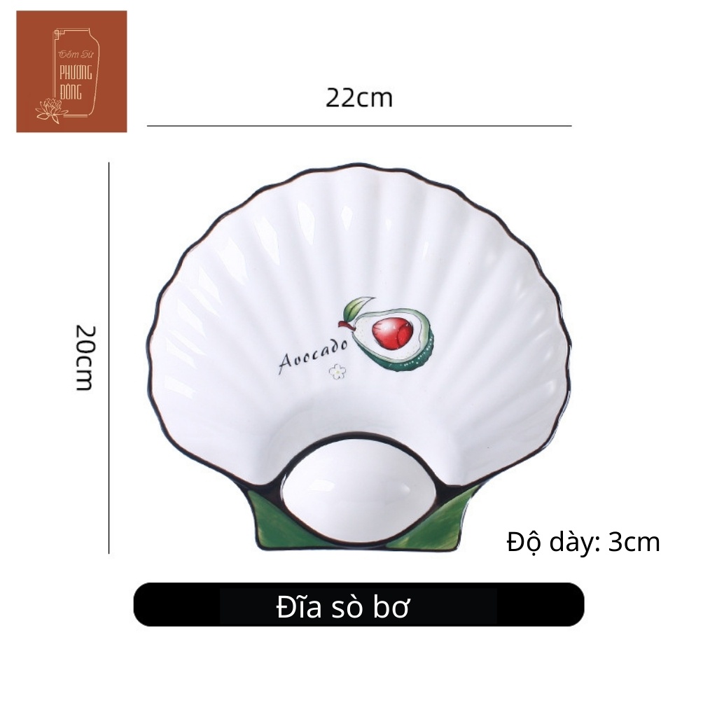 Dĩa ăn kèm khay chấm, đĩa sứ decor hình vỏ sò Phương Đông PD026 họa tiết sắc nét dễ thương kích thước 22cm * 20cm * 3cm