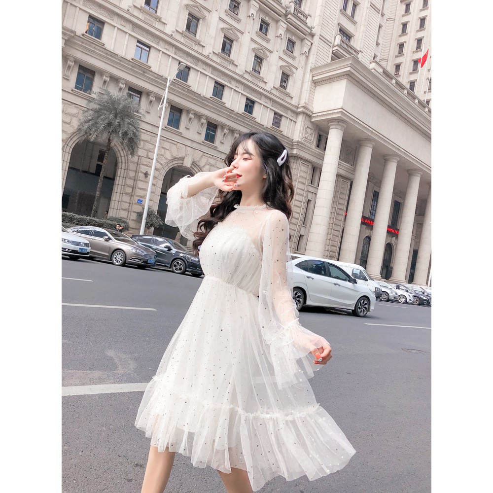 Đầm ulzzang tay bồng đính sao nhũ VD018 (có ảnh thật)