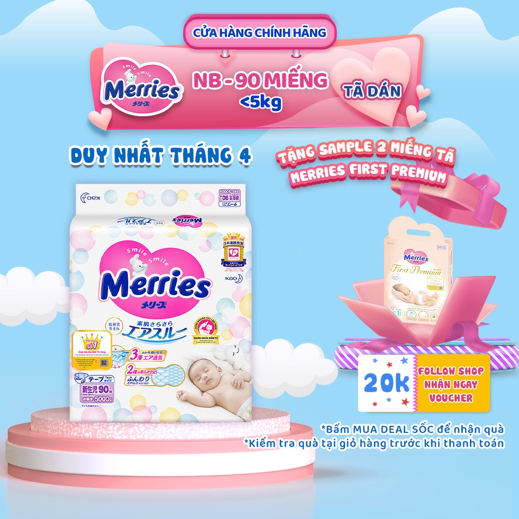 Tã/bỉm dán Merries size NB - 90 miếng (Cho bé dưới 5kg)