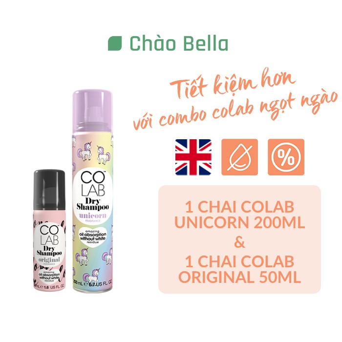 Combo 2 Dầu Gội Khô Colab Hương Unicorn 200ml Và Original 50ml Lành Tính Giúp Tóc Sạch Bồng Bềnh Và Vào Nếp Trong 5 Giây