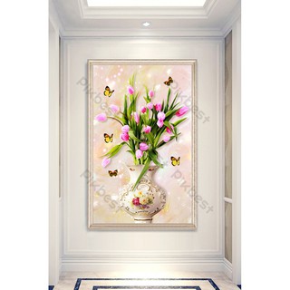 Tranh dán tường 3D Bình hoa bướm vẽ hiện đại MS01