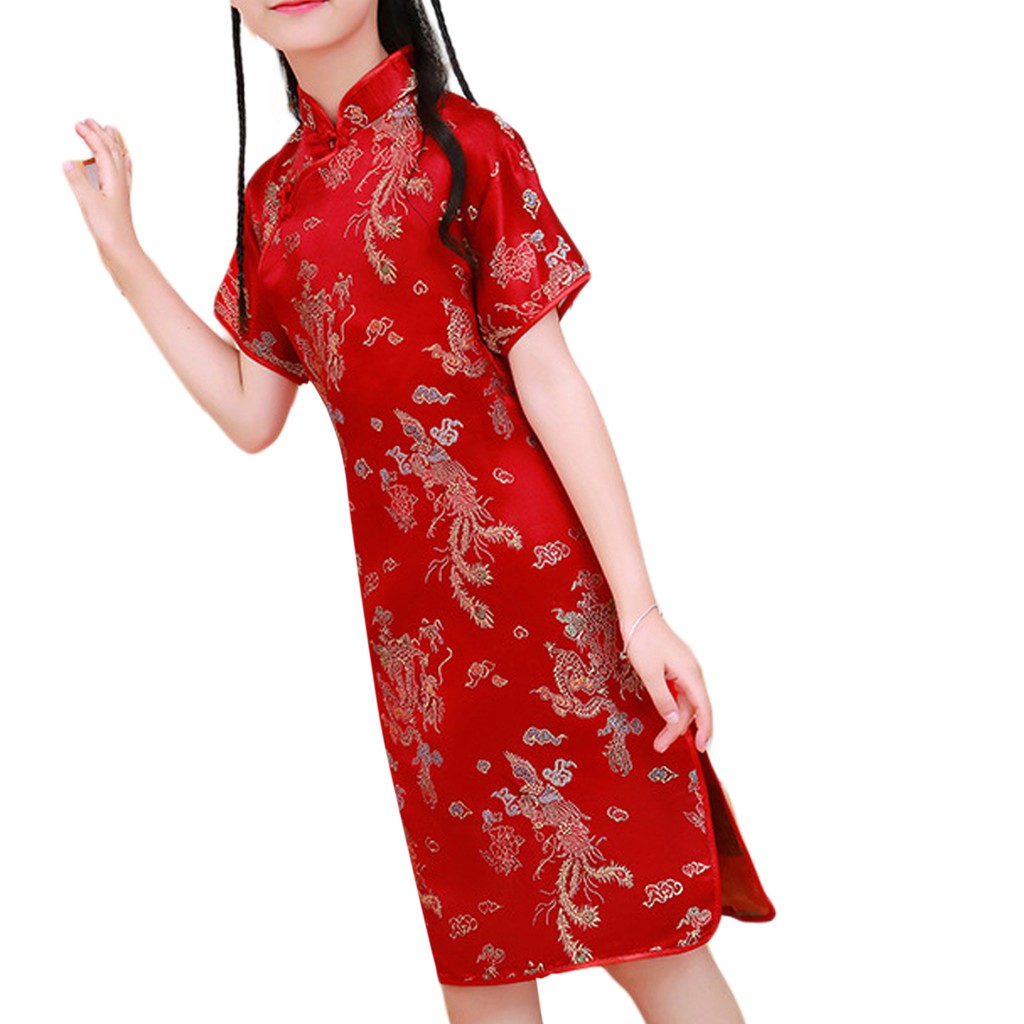 Đầm sườn xám ngắn tay cổ đứng thêu hoa thời trang hè cho bé gái