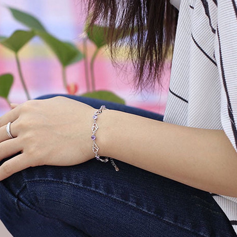 Vòng Tay Mạ Bạc Đính Đá Thạch Anh Tím Hình Trái Tim Phong Cách Cổ Điển Thời Trang Cho Nữ