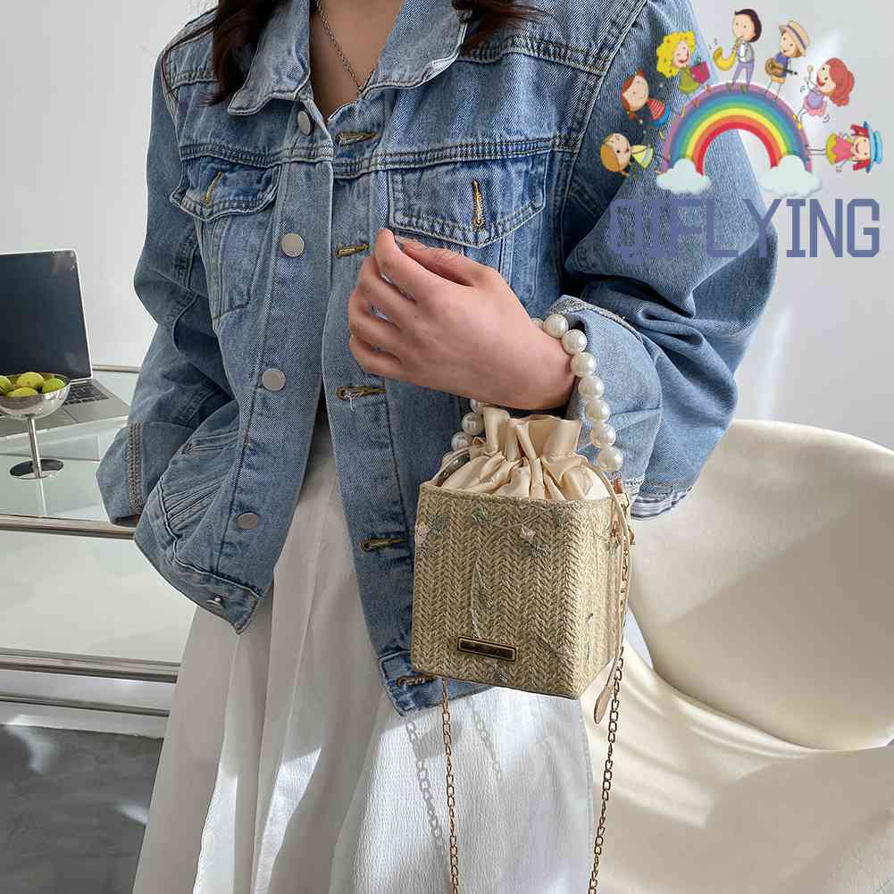 Túi Đeo Chéo Mini Dây Rút Đính Hoa Ngọc Trai Dành Cho Nữ