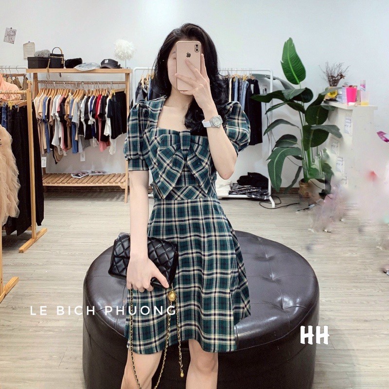 Váy A Nơ Ngực Xoè Caro Xanh , TONGKHOCHITUE | BigBuy360 - bigbuy360.vn