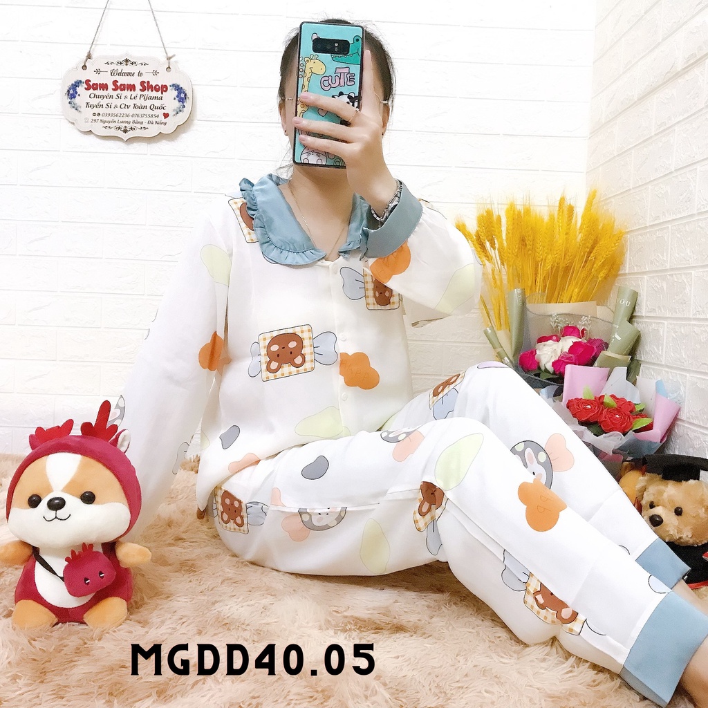 Đồ ngủ nữ, pijama lụa Mango, lụa Hàn mặc nhà áo tay dài quần dài size 40-62kg - Sam Sam Shop