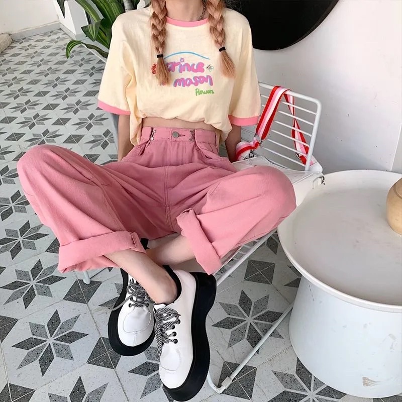 Quần Jeans Nam Nữ Unisex Cạp Khuy Gài Eo Màu Hồng Xanh Đen Trắng Cạp Lưng Cao Ống Suông Dáng Rộng Phong Cách Ulzzang