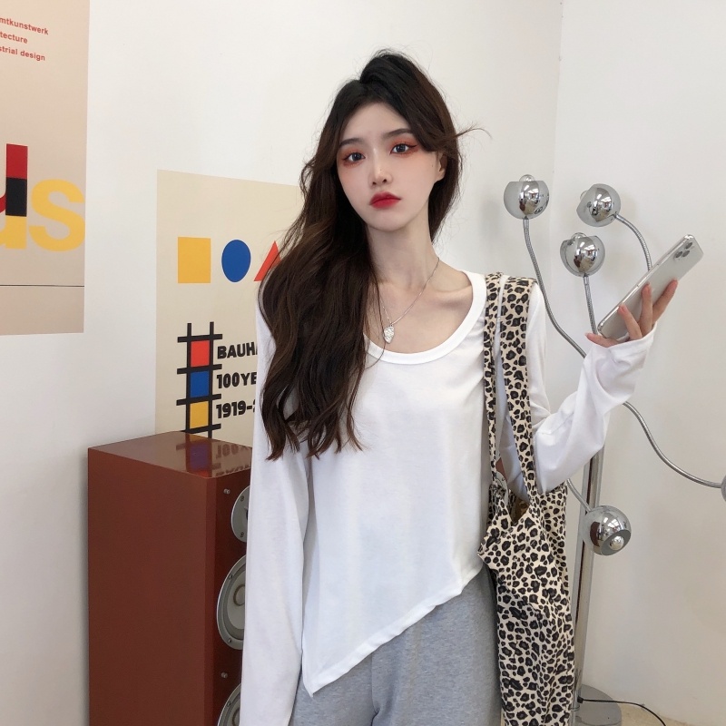 ZHELIHANGFEI Áo Thun Tay Dài Cổ Tròn Thiết Kế Bất Đối Xứng Thời Trang