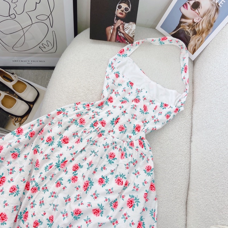 SET ĐẦM HOA CỔ YẾM HỞ LƯNG + ÁO KHOÁC TRẮNG