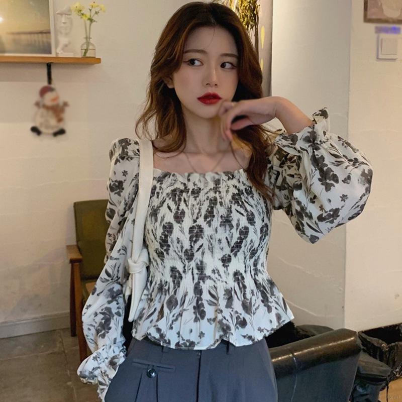 Áo croptop chiffon cổ vuông in họa tiết hoa phong cách Hàn Quốc quyến rũ cho nữ