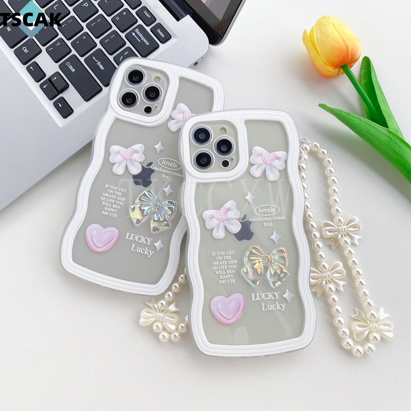 Ốp Điện Thoại Trong Suốt In Họa Tiết Đính Nơ Kèm Dây Đeo Cổ Tay Chống Sốc Cho OPPO R15 R17 A53 A72 A73 Reno 3 4 5 6 7 8 Pro