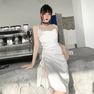[Sẵn] Đầm trắng ôm body hai dây cổ đổ. Váy body rút dây xẻ tà hình thật cuối
