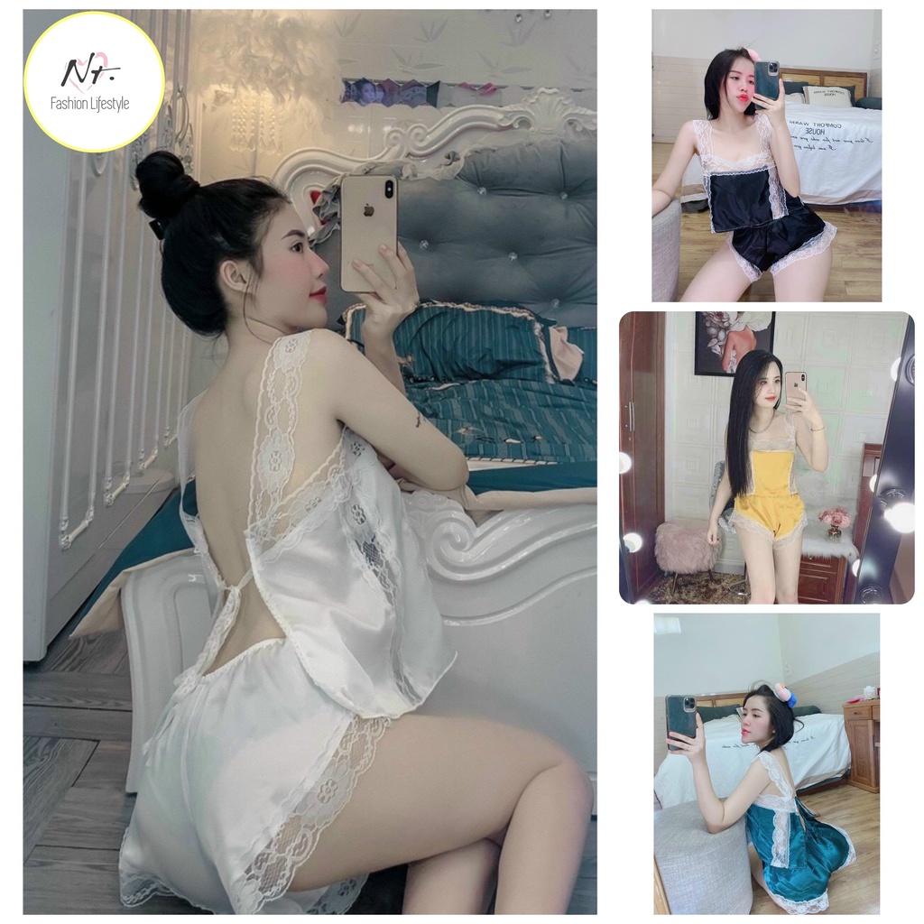 💕💕💕Siêu rẻ Đồ ngủ phi lụa 2 dây viền ren trắng sexy