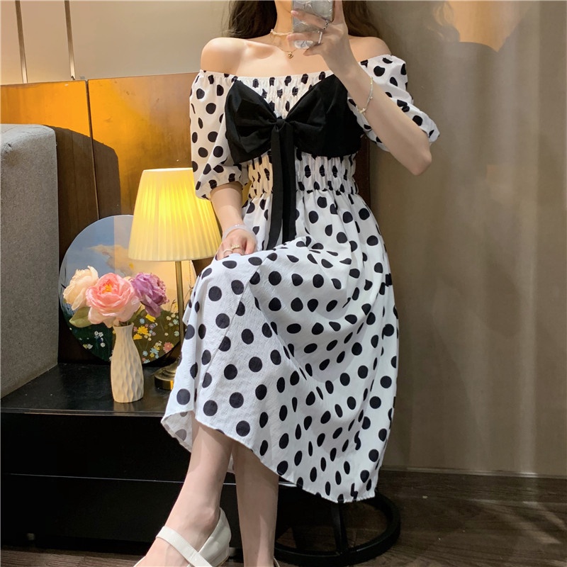 【HangFei】Đầm Cổ V Tay Phồng Đính Nơ Thời Trang Cho Nữ