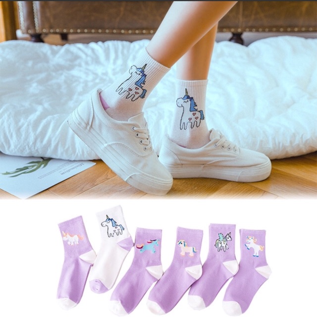 Tất Vớ Cao Cổ Nam Nữ Purple Unicorn Hình Kỳ Lần Tông Màu Tím Hồng Dễ Thương Chất Liệu Cotton Co Giãn 4 Chiều Mơ House