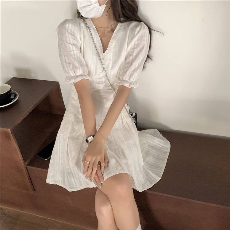 Váy trắng xếp ly 2 lớp nhẹ nhàng thanh lịch có dây rút eo xinh xắn y ảnht
