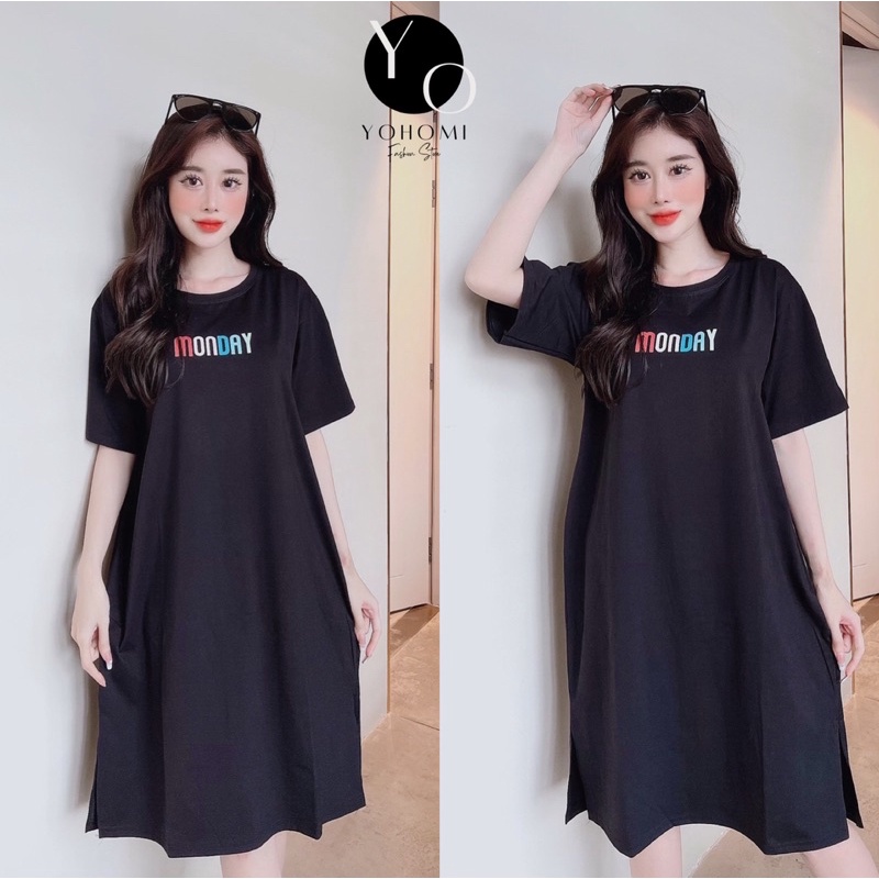 Đầm thun suông bigsize cho nữ tay lỡ cổ tròn xẻ tà form từ 50-75kg nhiều màu