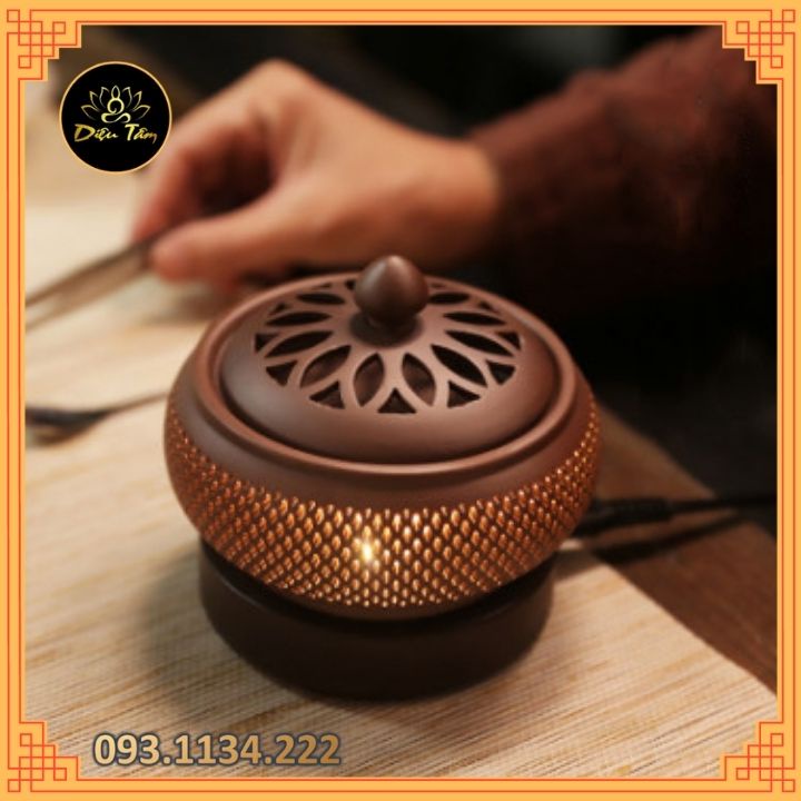 Lư xông trầm hương, tinh dầu bằng điện có chế độ hẹn giờ có đèn ngủ gốm tròn