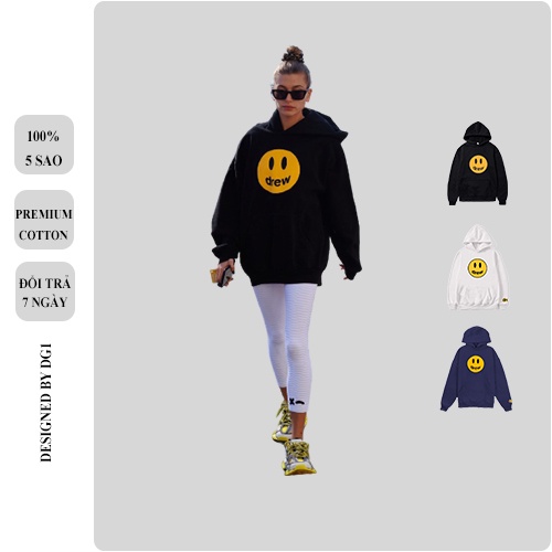 Áo Hoodie Nam Nữ Chất Nỉ Bông Cotton From Rộng Áo Khoác Có Mũ In Hình Tay Không Ban Xù Hình Mặt Cười Drew House