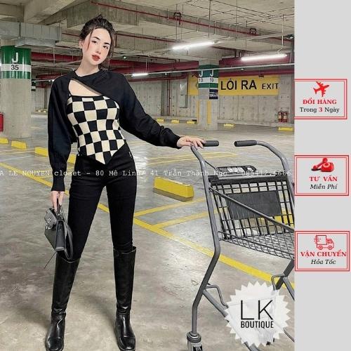 Áo len nữ lệch vai caro ulzzang Hàn Quốc thu đông yolo fashion