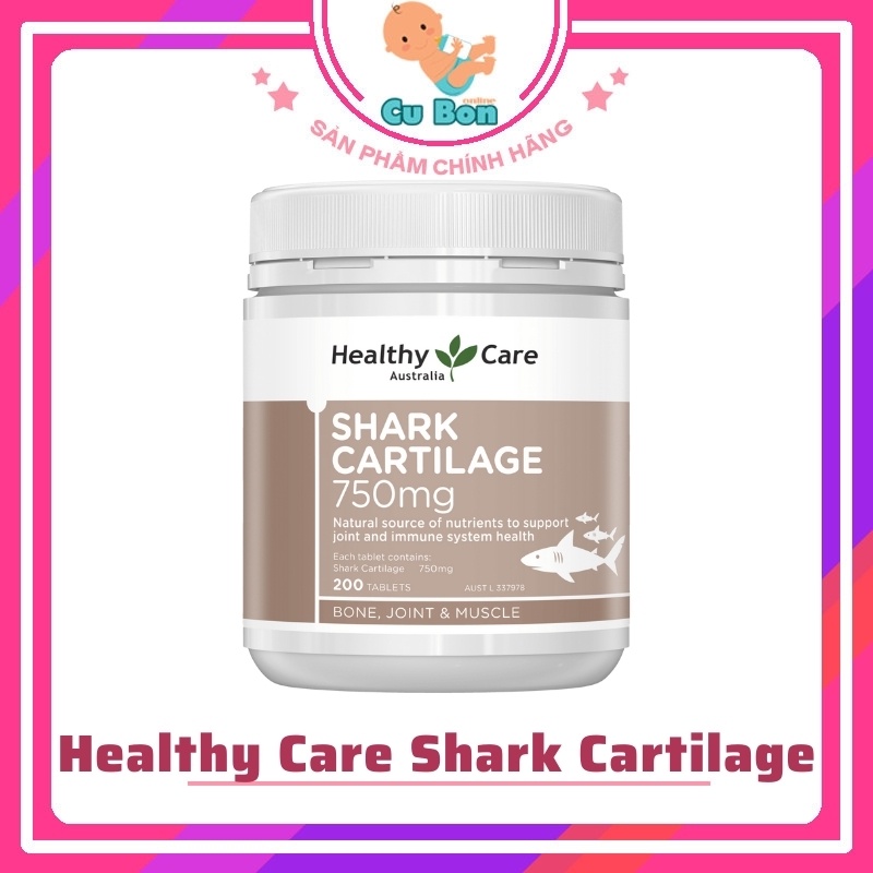 Sụn vi cá mập Healthy Care Shark Cartilage 750mg (200v) hỗ trợ xương khớp cho người trên 18 tuổi, Úc