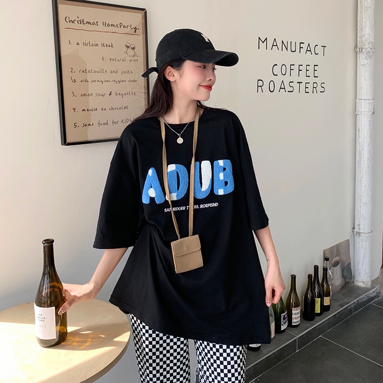 Porozi Áo thun  cổ tròn thêu chữ phong cách Hàn Quốc cho nữ