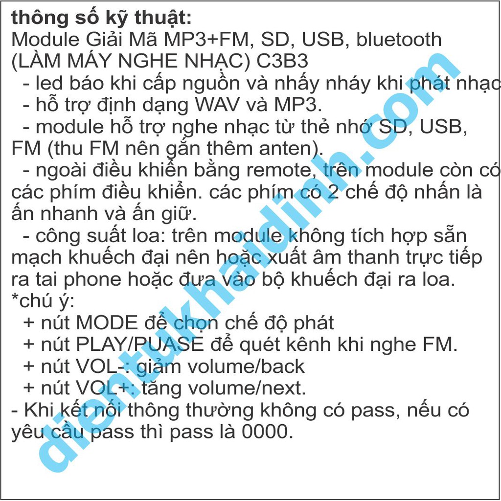 Module Giải Mã MP3+FM, microSD, USB + REMOTE, có bluetooth (LÀM MÁY NGHE NHẠC) C3B3 kde5237