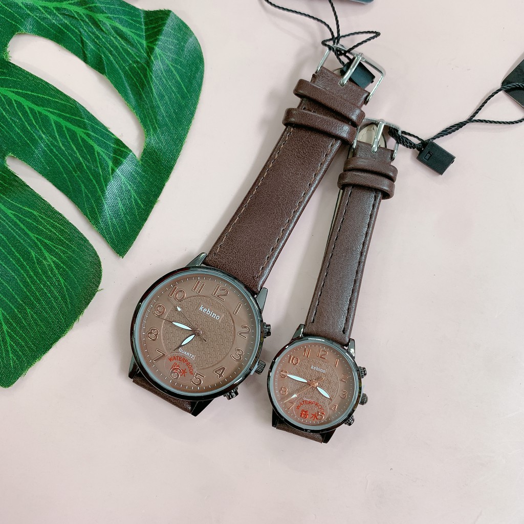 Đồng hồ đôi KEBINO da nâu mặt số, dây da mềm mại, lên tay thoải mái, phong cách cổ điển, dễ dàng phối đồ