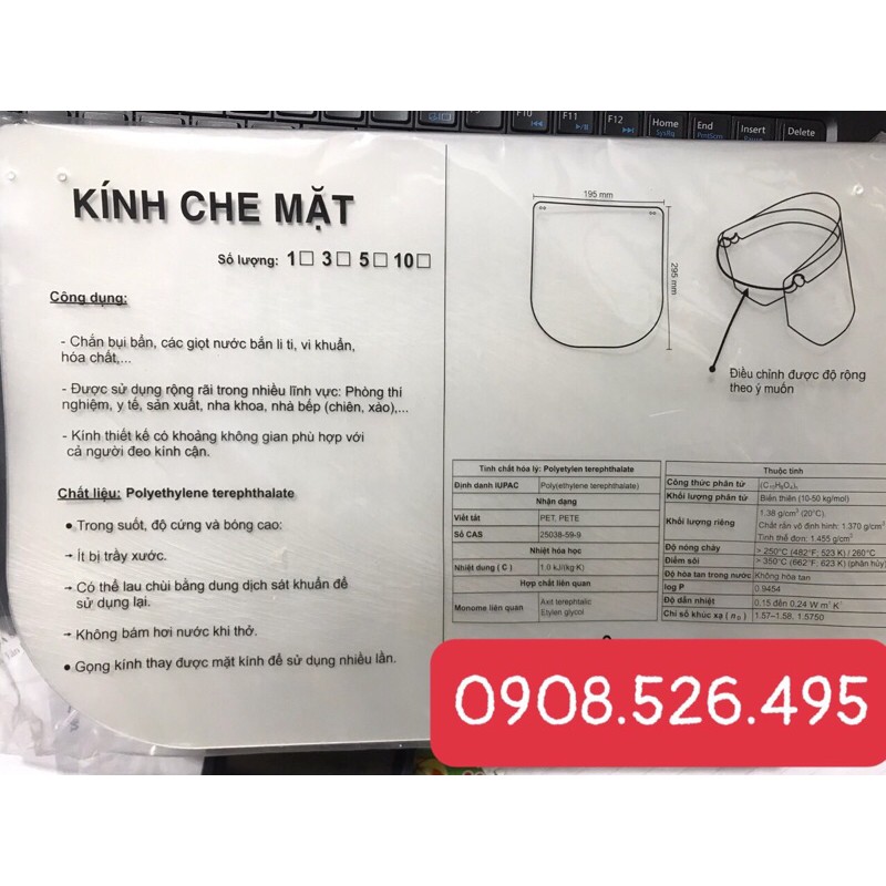 Kính che mặt (1 gọng 10 tấm kính)