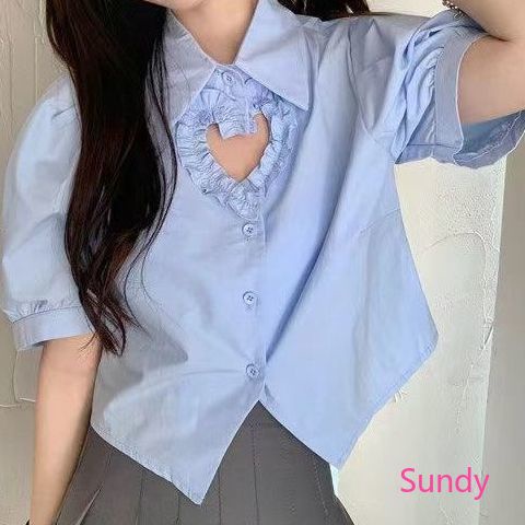 Áo Sơ Mi Cổ Bẻ Phối Ren Họa Tiết Trái Tim Ngọt Ngào Thời Trang Mùa Hè Cho Nữ