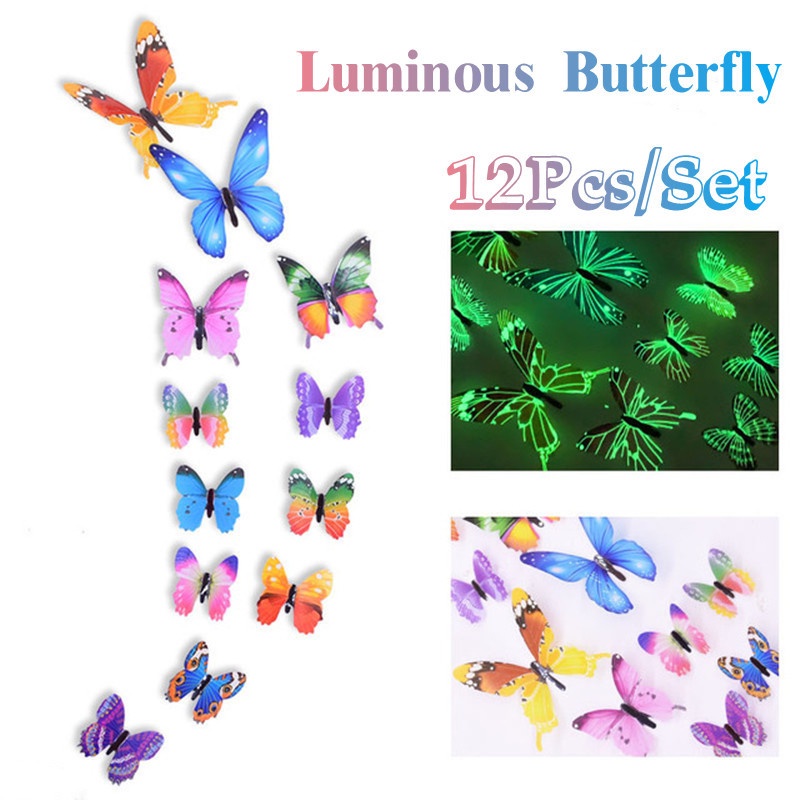 Set 12 Miếng Dán Trang Trí Tủ Lạnh Hình Bướm 3D Màu Dạ Quang Độc Đáo