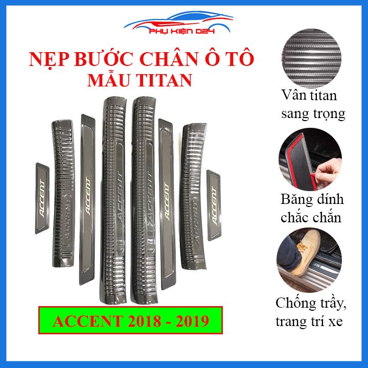 Bộ ốp bậc cửa trong ngoài nẹp bước chân Accent 2018-2019 vân Titan chống trầy trang trí xe