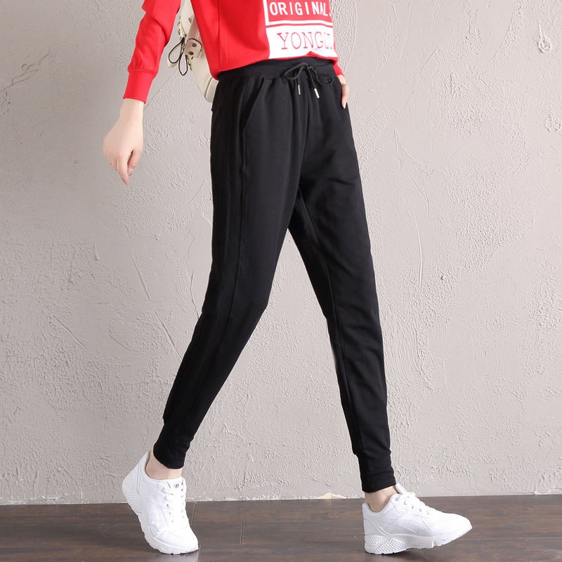 Quần dài thể thao dây rút eo màu đen bình thường dành cho sinh viên nữ