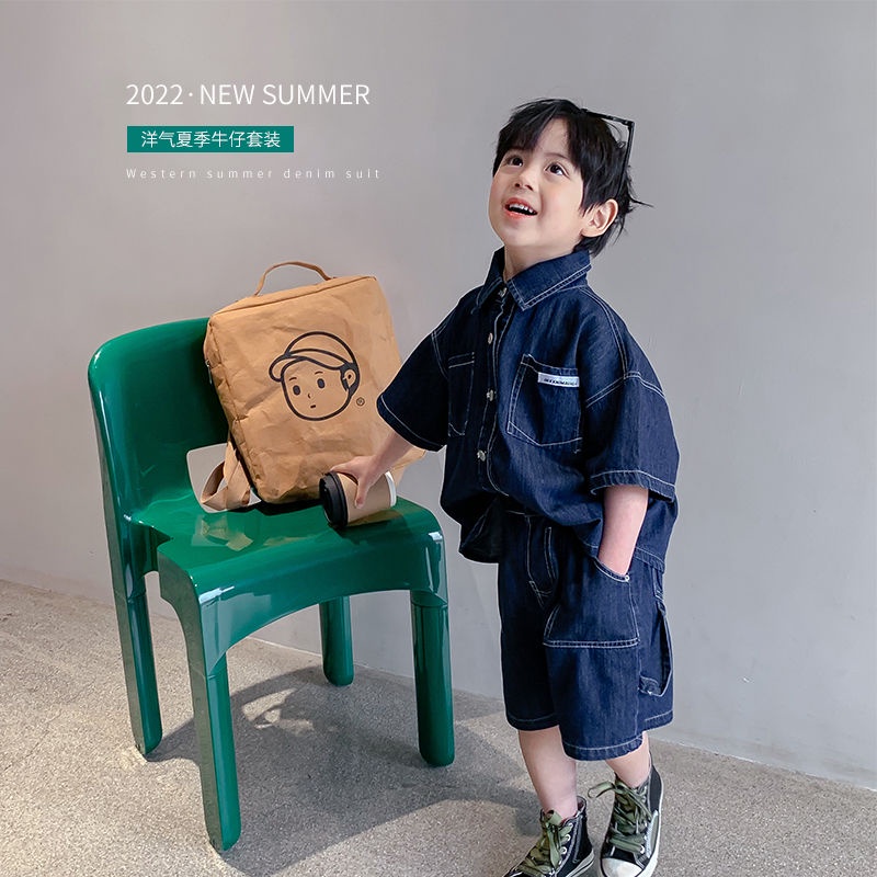 Bộ Áo Sơ Mi Ngắn Tay + Quần Đùi Denim Phong Cách Hàn Quốc Thời Trang Mùa Hè Mới Cho Bé Trai